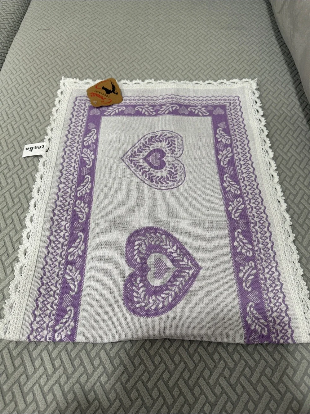 Purple Lavender Heart Lace-Trim Table Runner Country Cottage 37”x14”